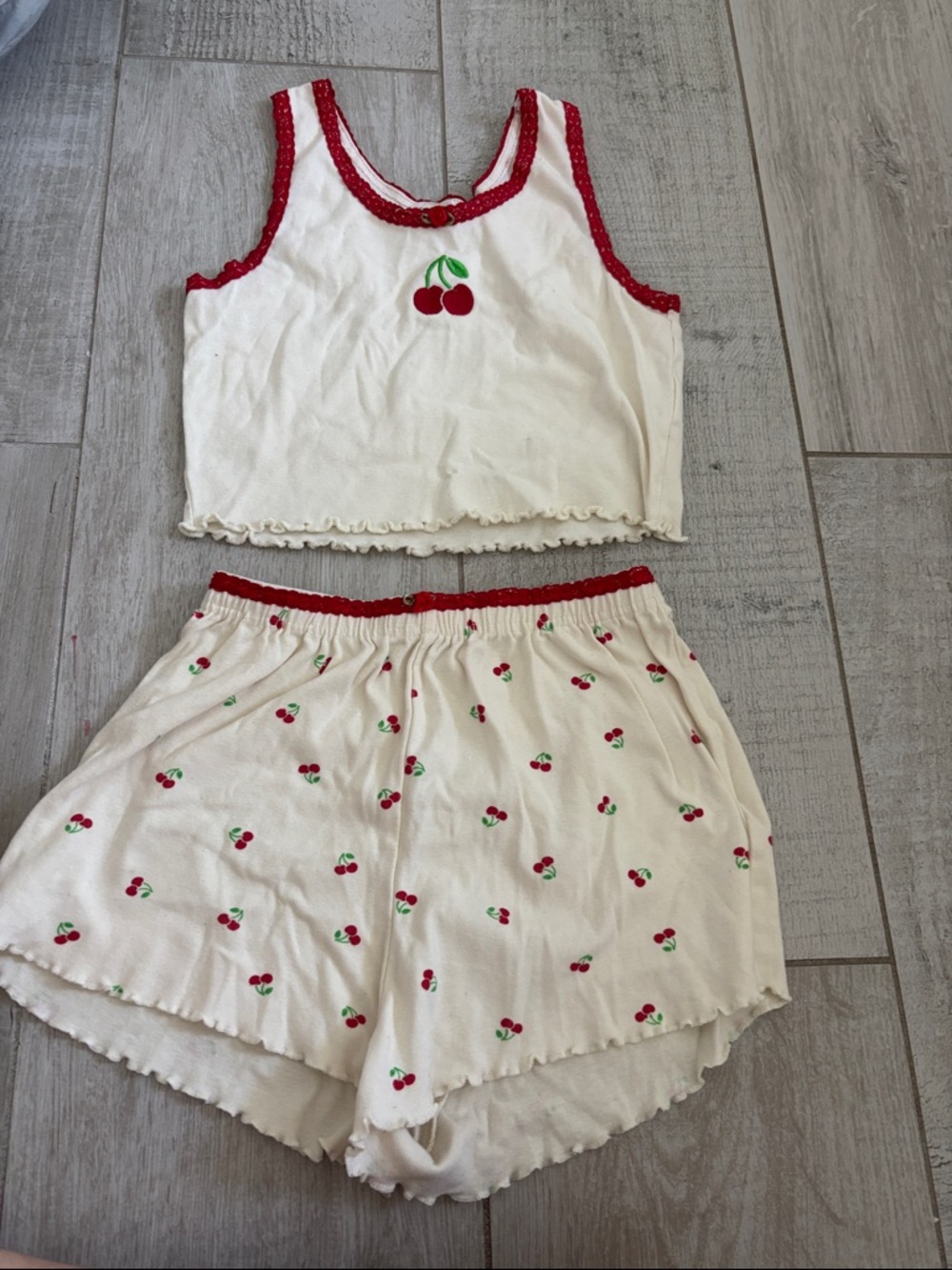 Cherry-Print White Crop Tank & Shorts Pajama Set